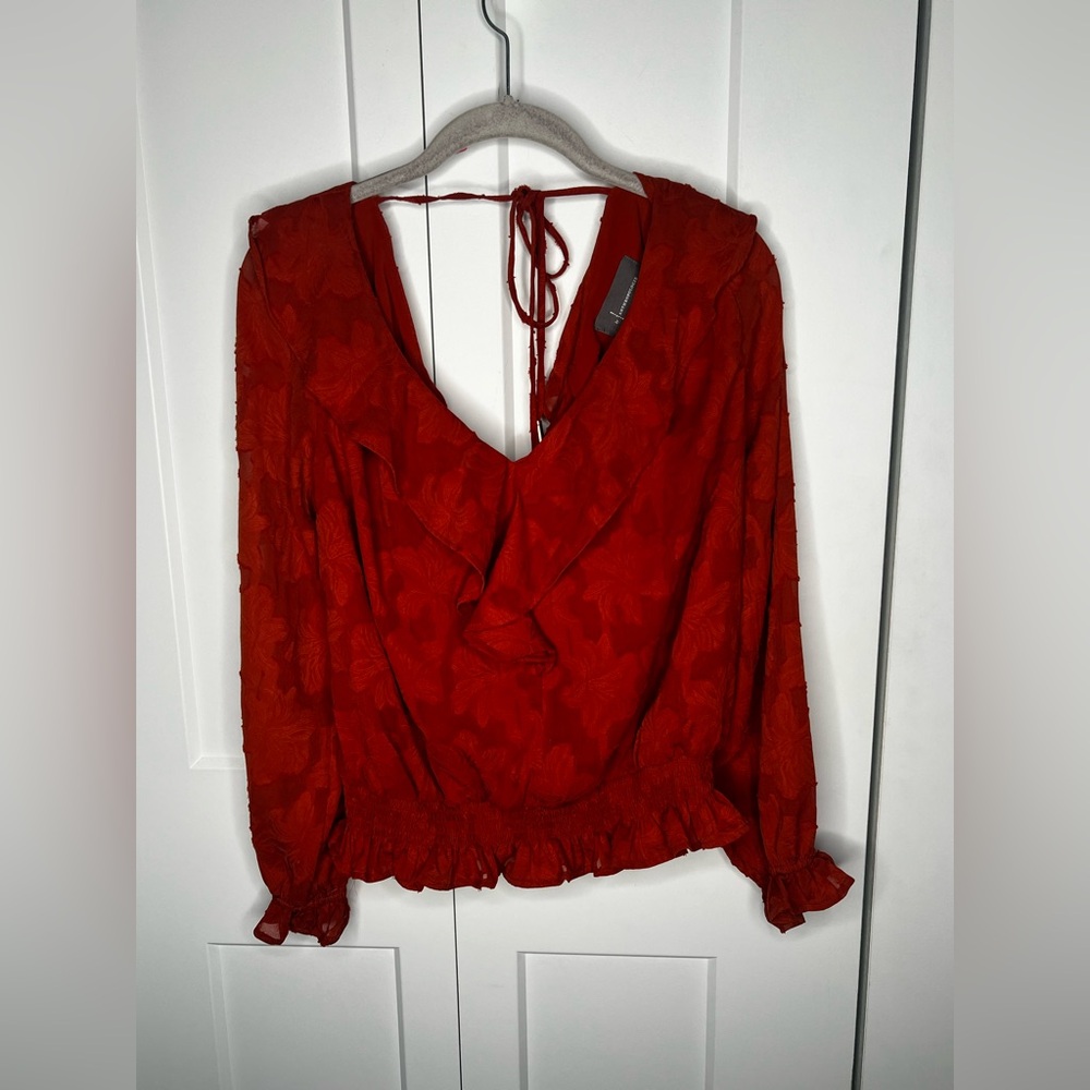 By Anthropologie Crimson Textured Floral Ruffle Blouse Women's Size Small